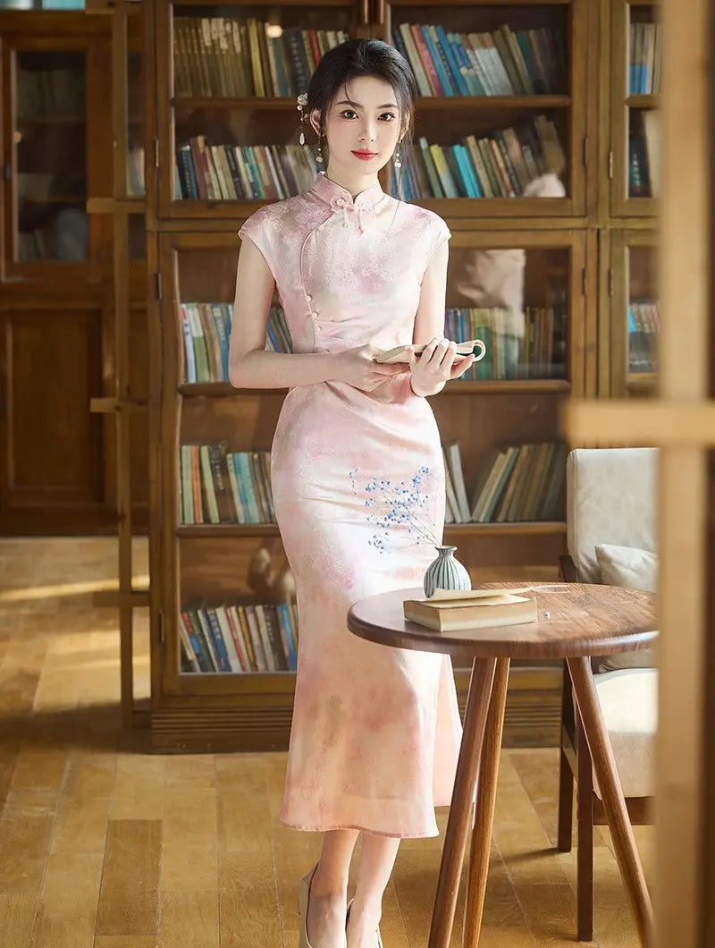 Elegant Pink Cap Sleeves Mermaid Qipao