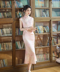 Elegant Pink Cap Sleeves Mermaid Chinese Qipao Dress