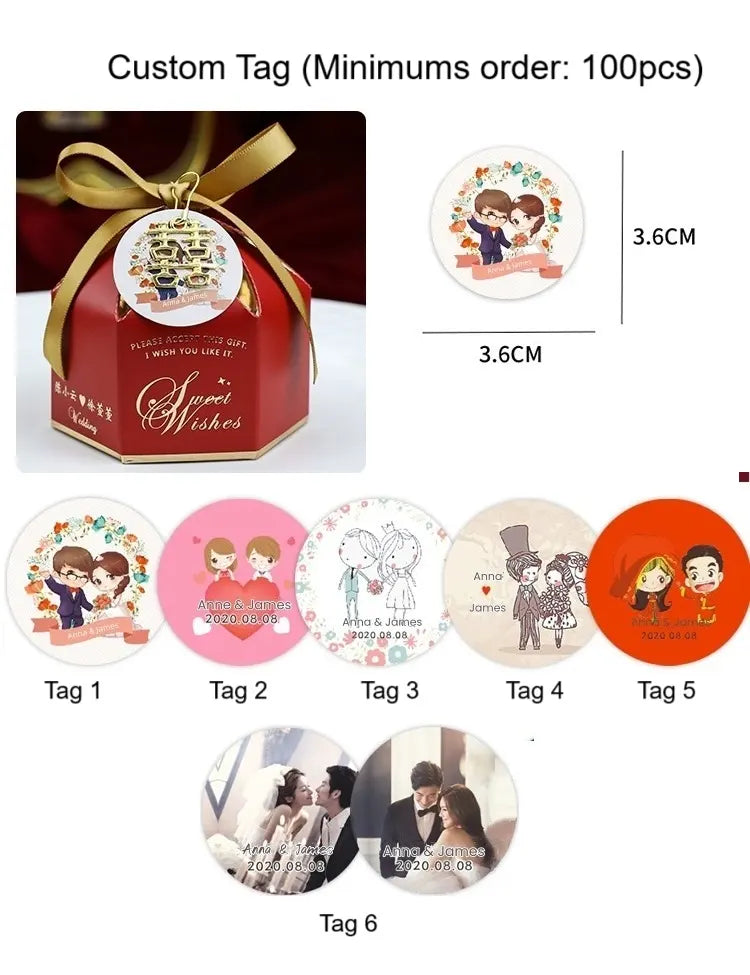 Collection of custom tags with various designs and a Wedding Favor Boxes with Double Happiness Charm with a gold ribbon.