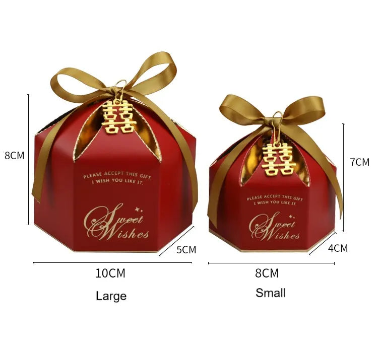 Red gift boxes with gold ribbons and 'Sweet Wishes' text, showing dimensions.