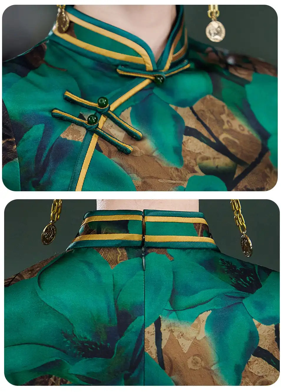 Traditional green and gold garment with floral patterns on a textured background