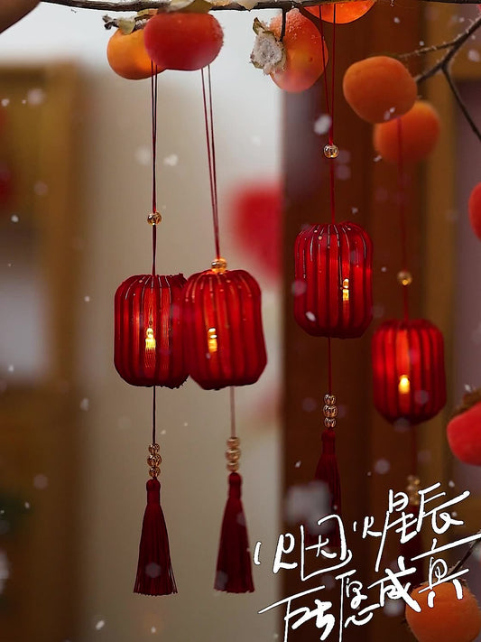 Festive Red Fabric Lantern with LED Light and Tassels
