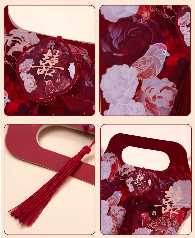 Red Floral Chinese Wedding Favor Boxes with Double Happiness Tassel  on a beige background