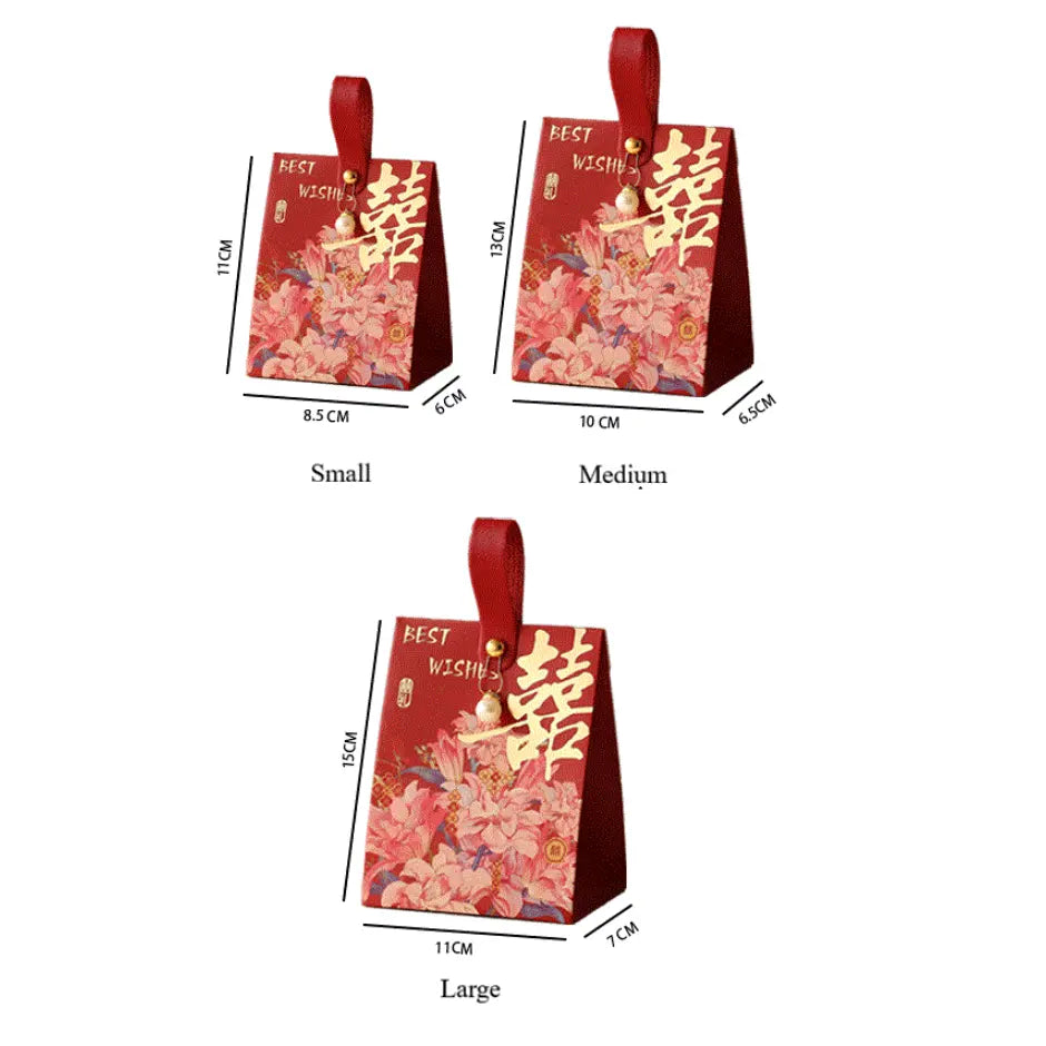 Three redFloral Double Happiness Chinese Wedding Favor Gift Boxes  labeled Small, Medium, and Large with printed floral artwork and Chinese characters, shown with dimension lines and measurements on a white background.