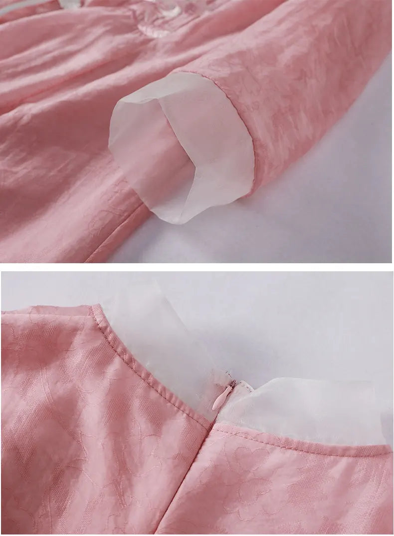 Close-up of pink fabric with a white patch on a white background