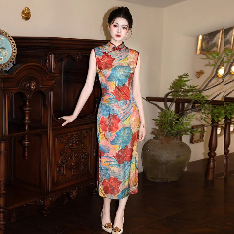 Woman in a colorful Floral Sleeveless Traditional Chinese Qipao Cheongsam Dress standing in an elegant room with wooden furniture and decor.
