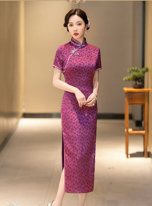 Fuchsia Pink short sleeves long Qipao Dress