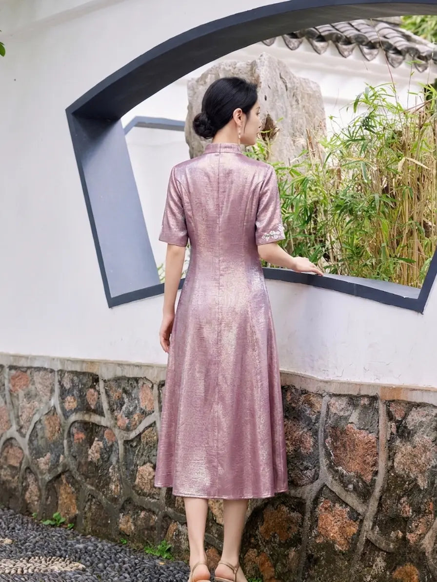 Lustrous Rose-Pink Embroidered Floral A-Line Qipao