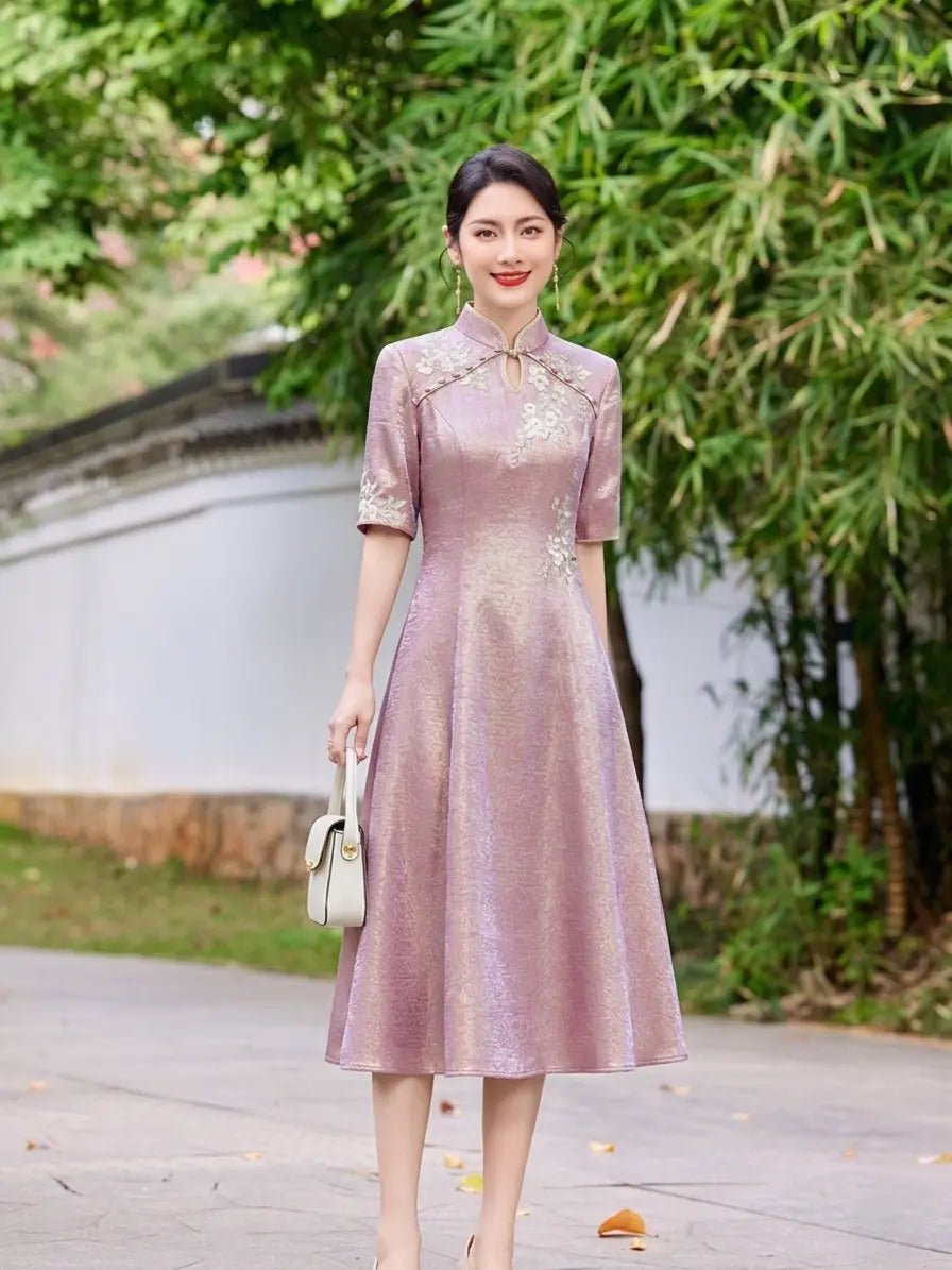 Lustrous Rose-Pink Embroidered Floral A-Line Qipao