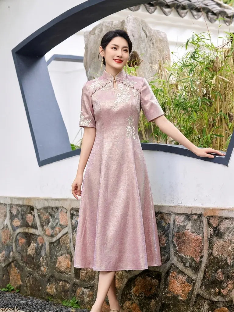 Lustrous Rose-Pink Embroidered Floral A-Line Qipao