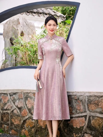 Lustrous Rose-Pink Embroidered Floral A-Line Qipao