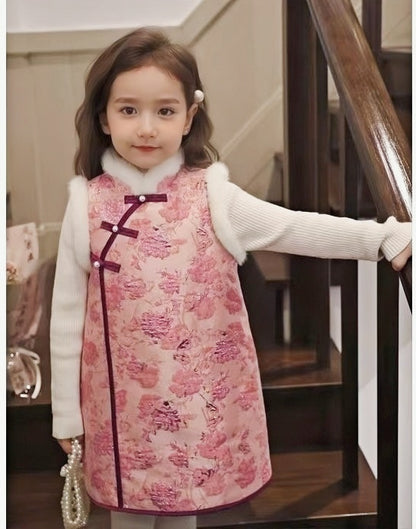 A chinese girl in pink vest qipao dress