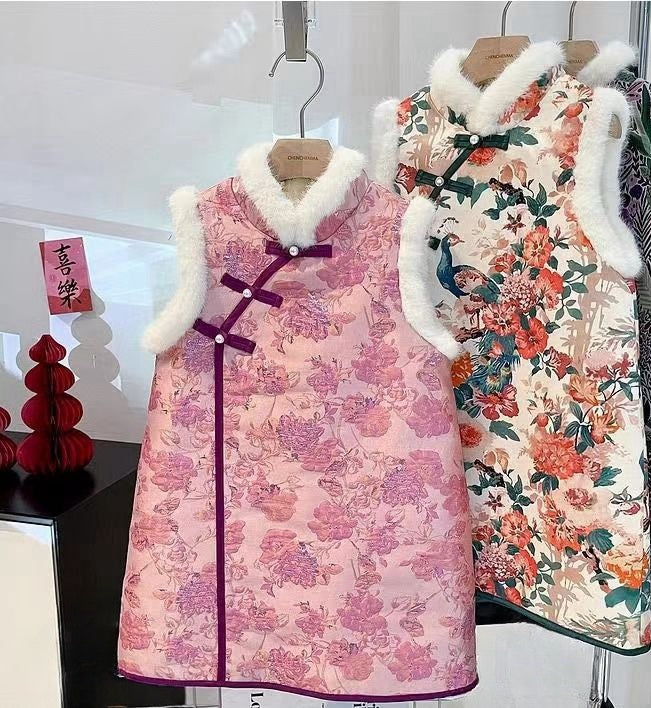 Pink quilted vest qi pao dress for children