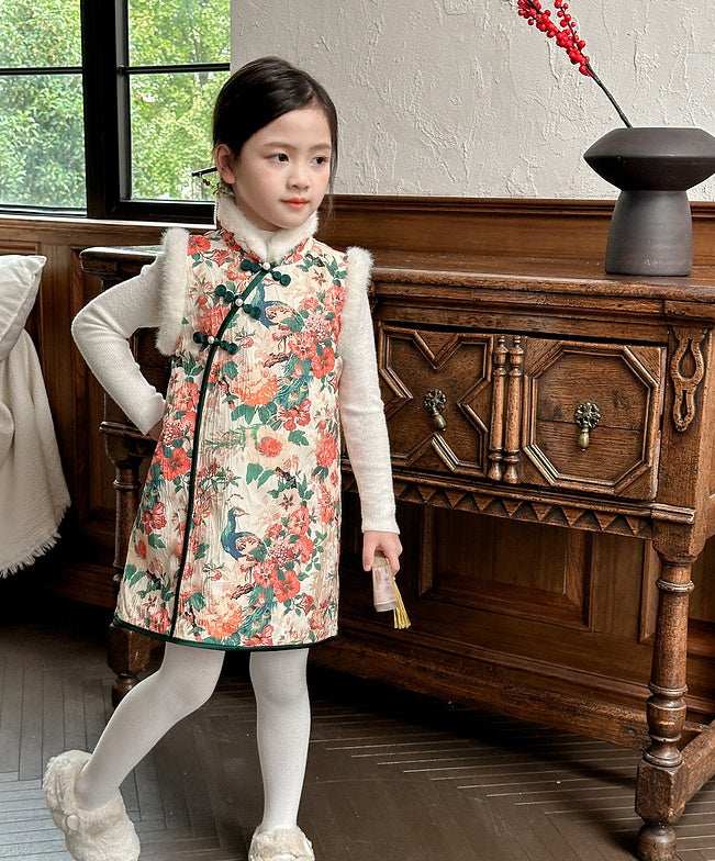 Green winter quilted vest qipao dress for girls