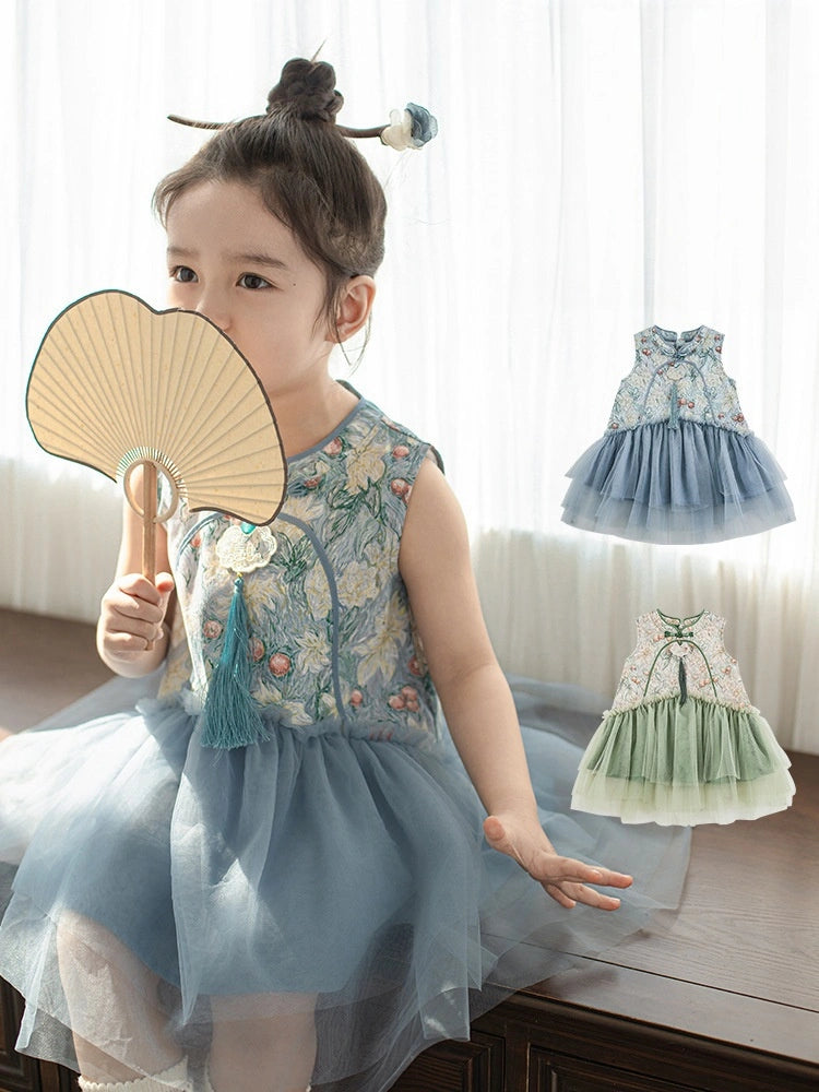 Girls Traditional Chinese Floral Sleeveless Tulle Qipao