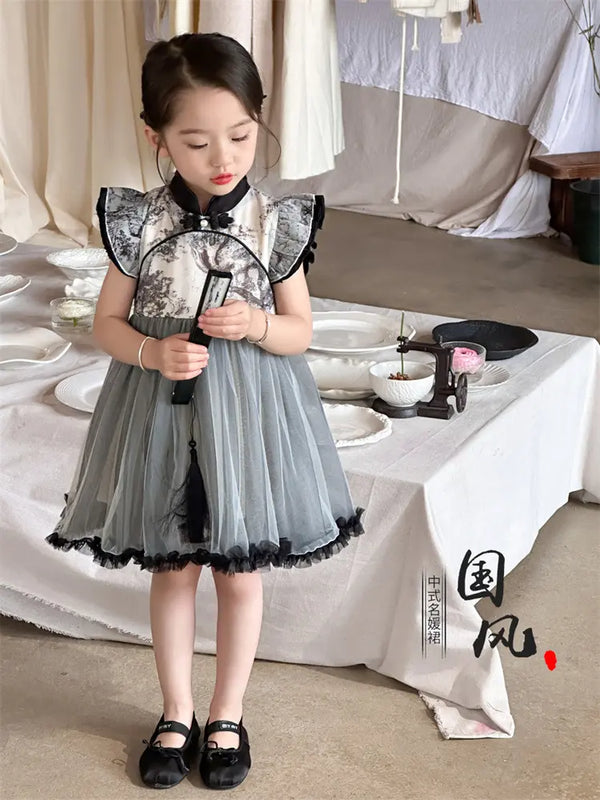 Girls Traditional Ink Painting Sleeveless Layered Tulle Qipao Dress
