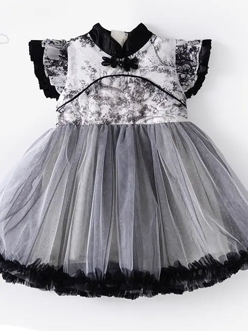 Girls Traditional Ink Painting Sleeveless Layered Tulle Qipao Dress