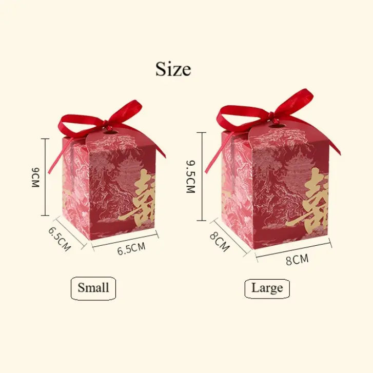 Red Gold Foil Double Happiness Chinoiserie Wedding Favor Boxes  with gold text and red ribbons, showing small and large sizes with measurements.