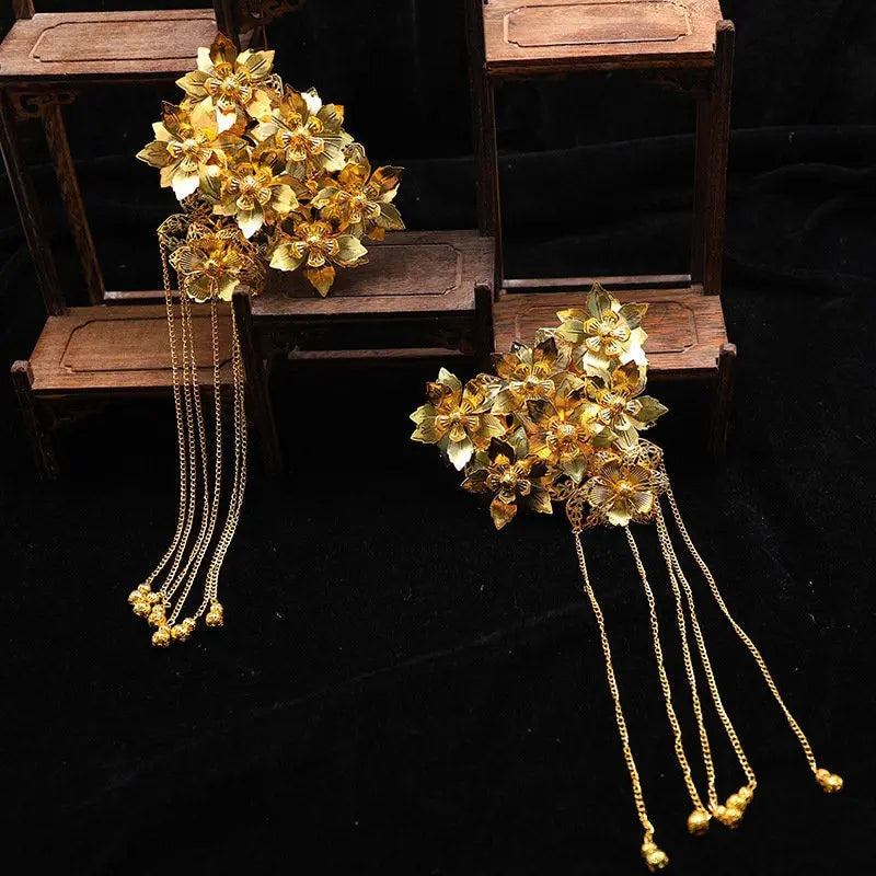 Golden Bridal Flower Hairpieces Set for chinese wedding and tea ceremony