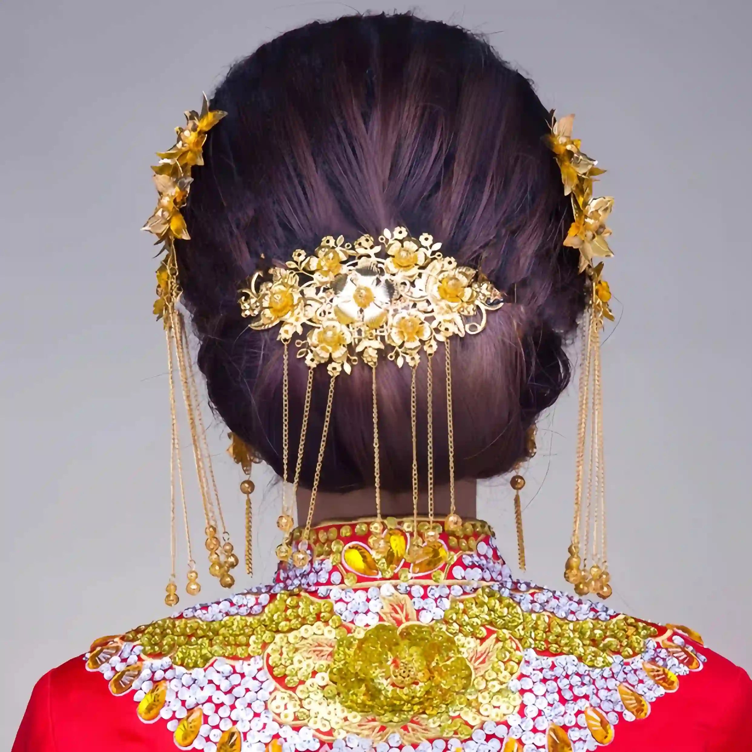 Golden Bridal Flower Hairpieces Set for chinese wedding and tea ceremony