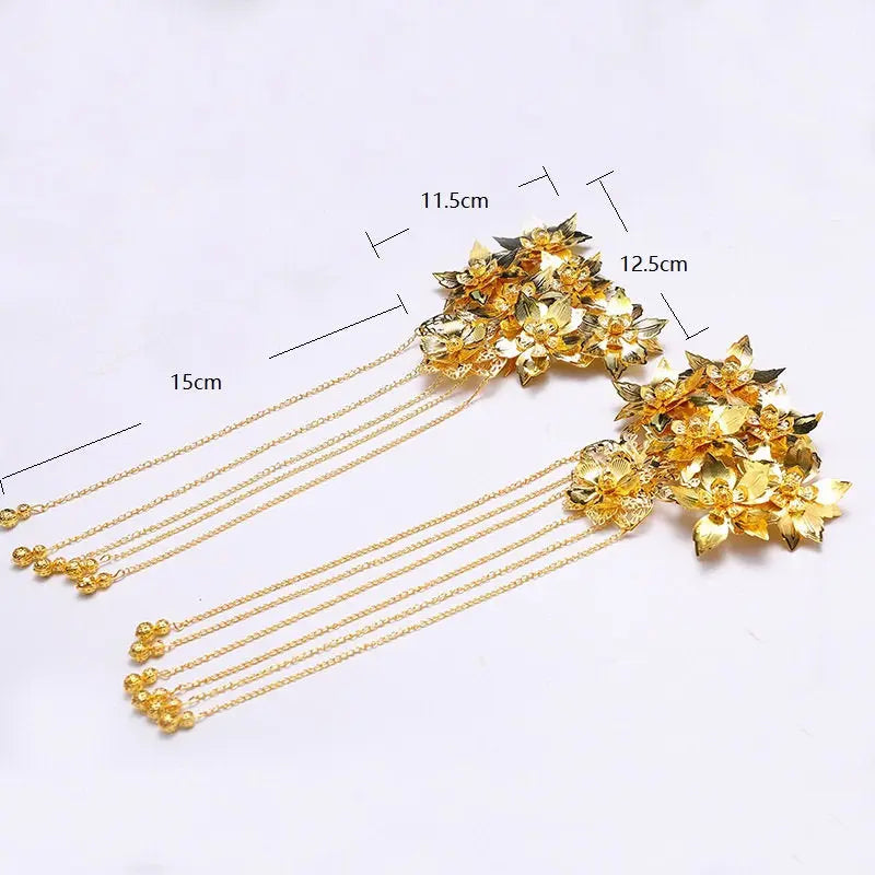 Golden Bridal Flower Hairpieces Set for chinese wedding and tea ceremony