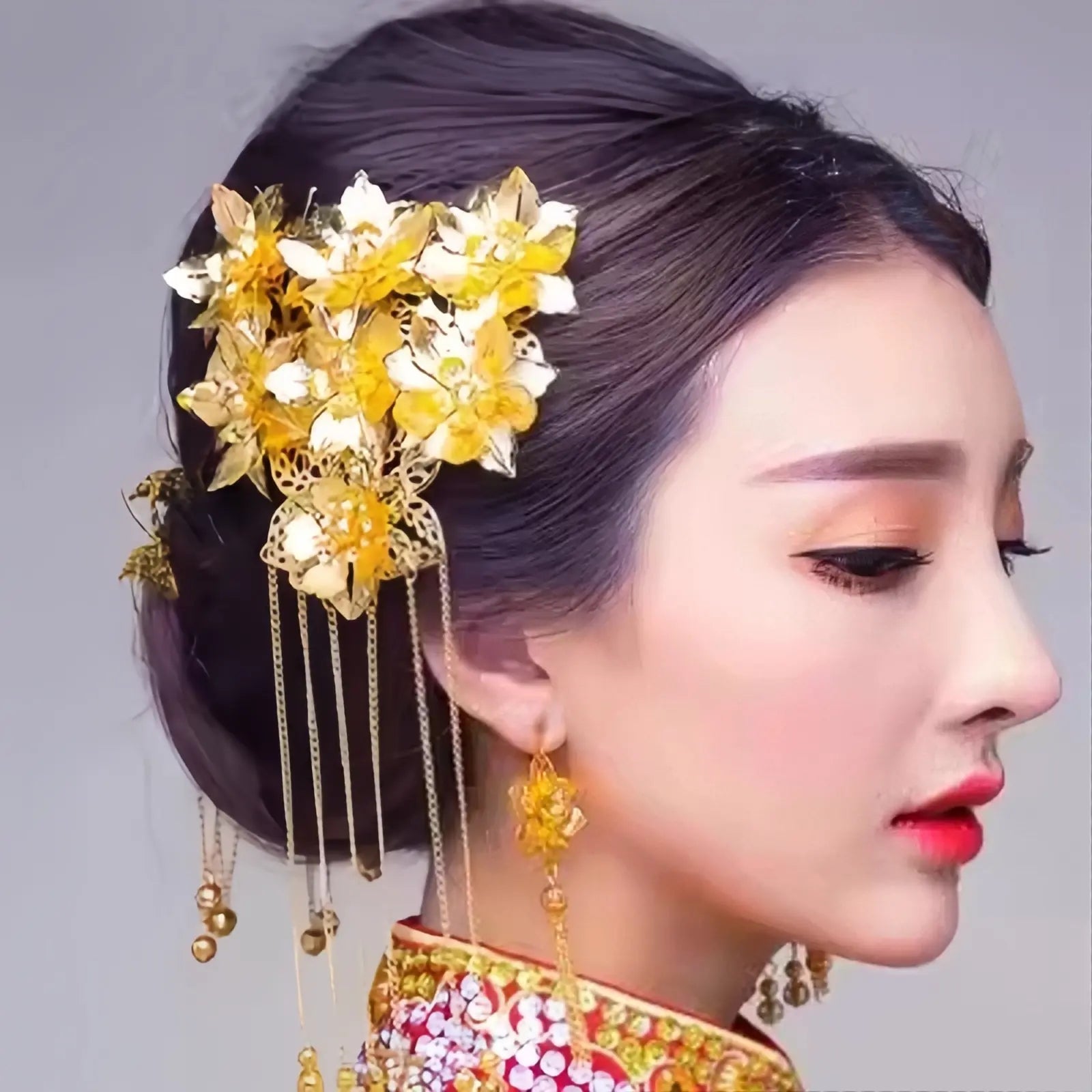 Golden Bridal Flower Hairpieces Set for chinese wedding and tea ceremony