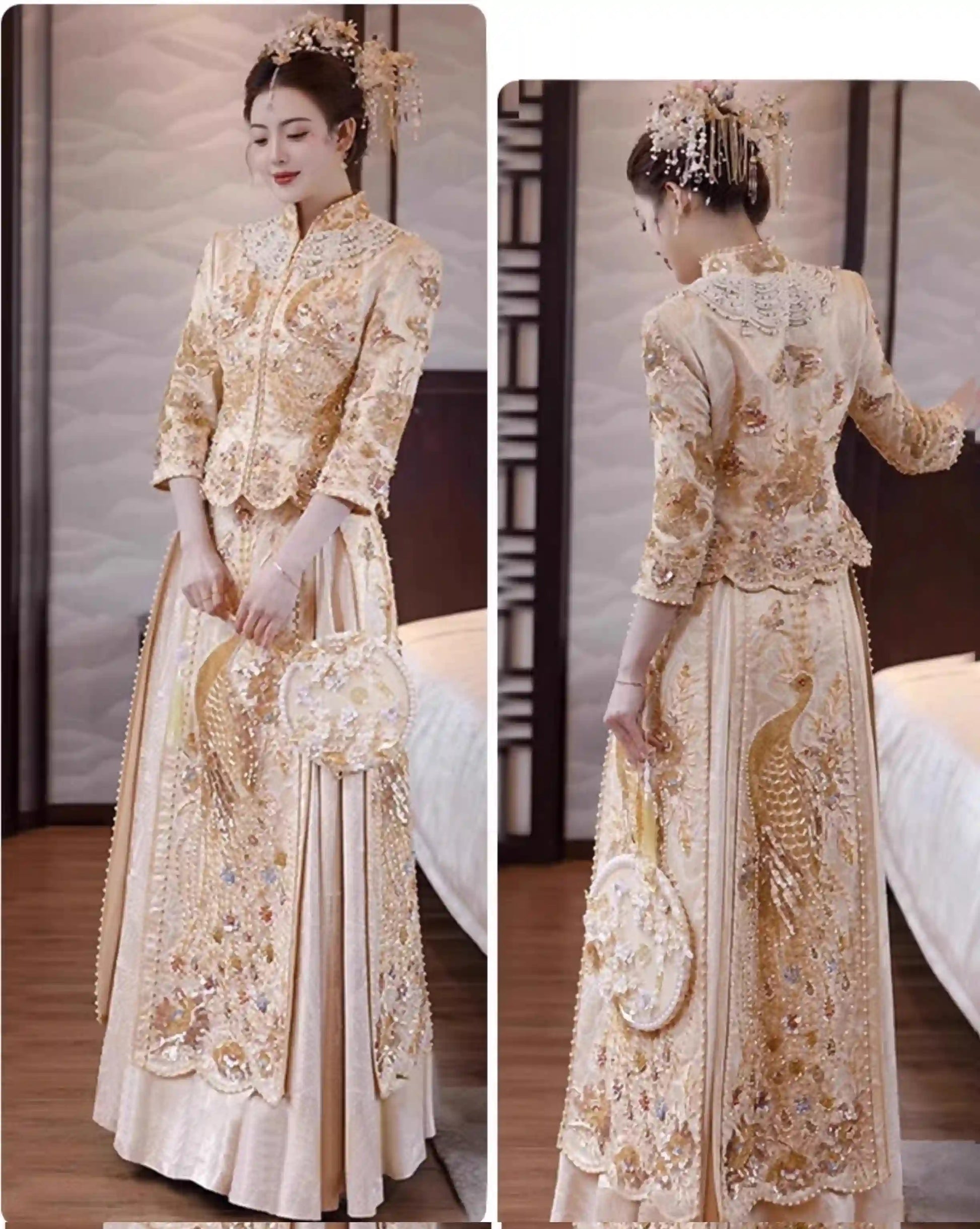 Golden Bridal  beaded Chinese Wedding Qun Kwa dress