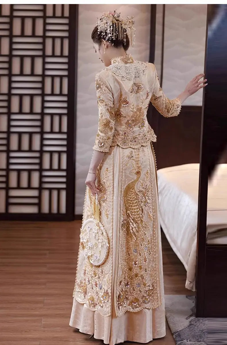 Golden Bridal  beaded Chinese Wedding Qun Kwa dress 6