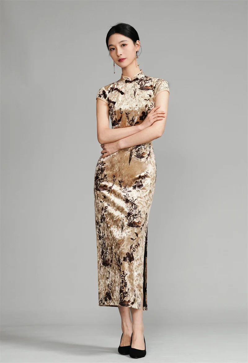 Woman wearing a Golden Floral Velvet Qipao Cheongsam Dress on a gray background