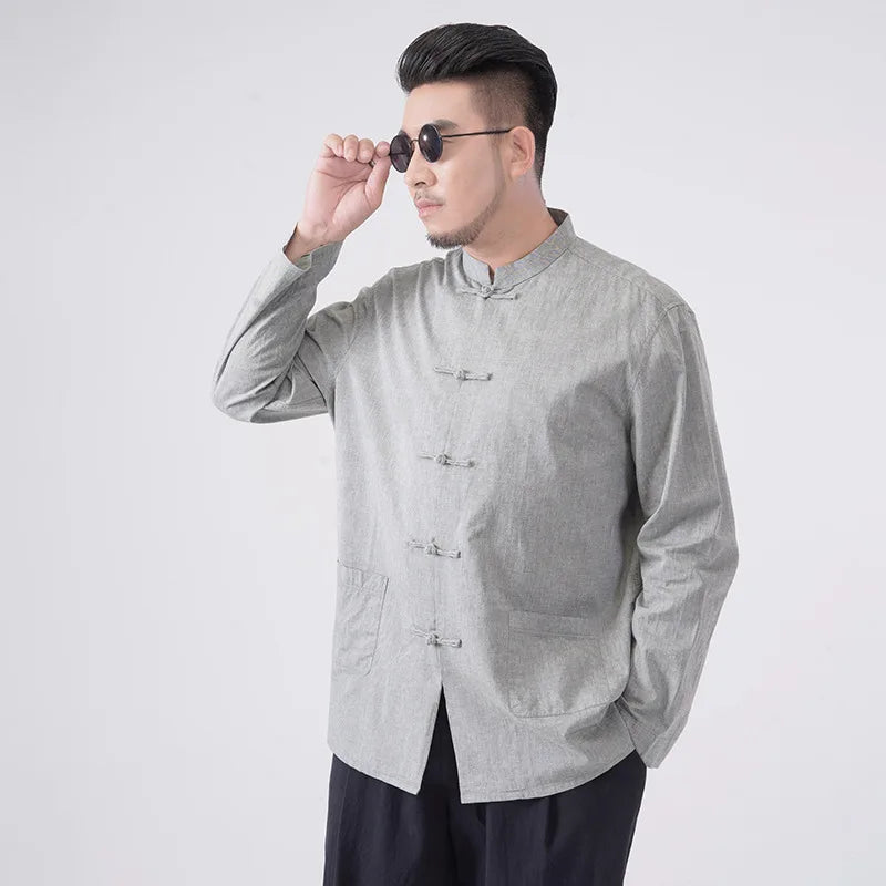 grey Plus-Size Cotton Linen Chinese kongfu Tang  Shirt