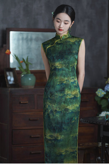Green Landscape Print Sleeveless Chinese Qi pao Dress