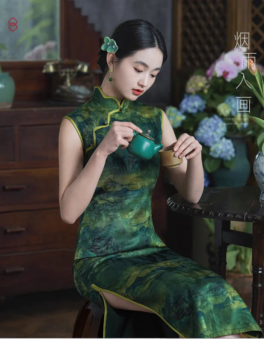 Green Landscape Print Sleeveless Chinese Qipao Cheongsam Dress