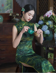 Green Landscape Print Sleeveless Chinese Qipao Cheongsam Dress