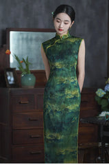 Green Landscape Print Sleeveless Chinese Qipao Cheongsam Dress