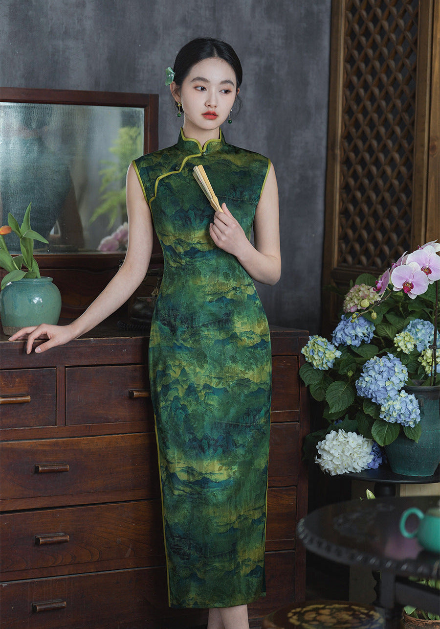 Green Landscape Print Sleeveless Chinese long Cheongsam Dress