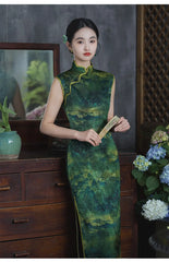 Green Landscape Print Sleeveless Chinese Qipao Cheongsam Dress