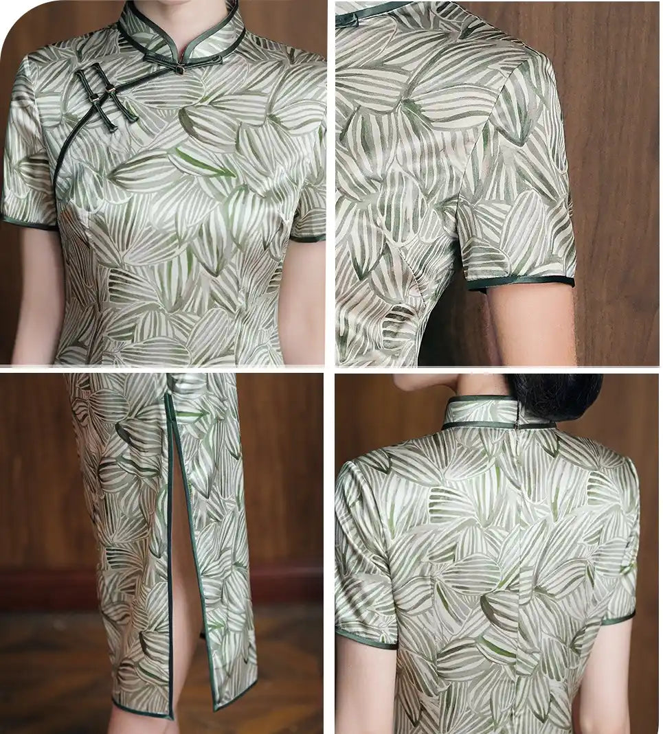 Green leaf-patterned dress shown from multiple angles against a wooden background