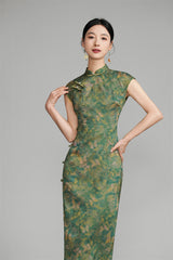 Green Long Cheongsam with Gold Floral and Butterfly Pattern