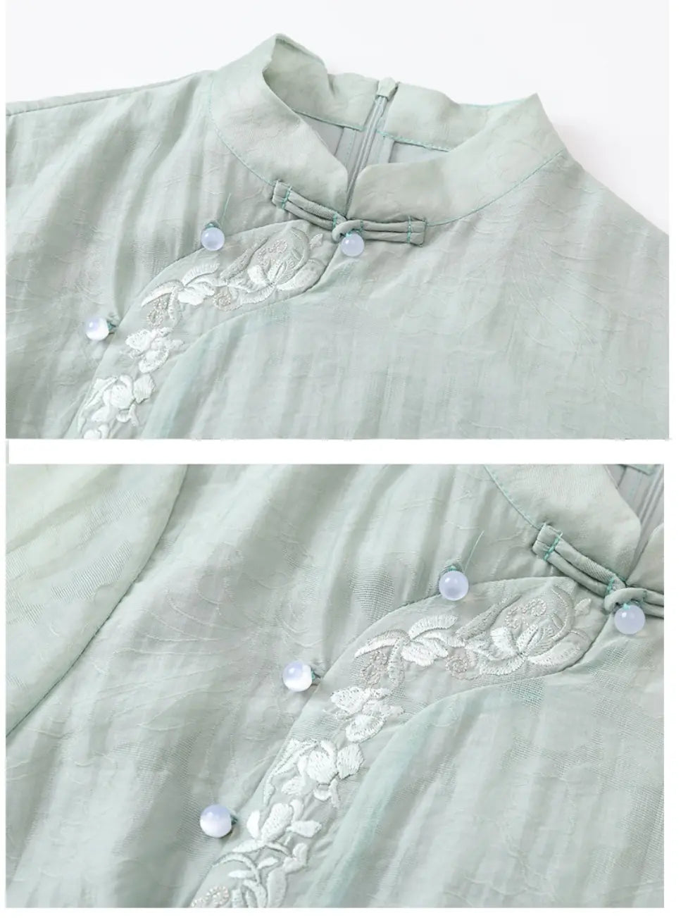A close-up of a pale sage green traditional chinese-style qipao cheongsam with embroidered floral trim and round decorative buttons, shown in two detail panels against a light neutral background.