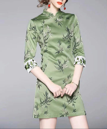 Modern Chinese Style Green Bamboo Cheongsam Dress