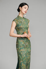 Green cap sleeves Long cheongsam with Gold Floral and Butterfly Pattern