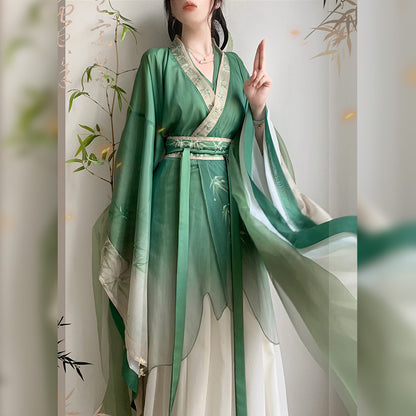 model in green bamboo leaves print hanfu front details