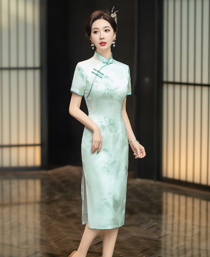 Mint Green Floral Qipao Dress