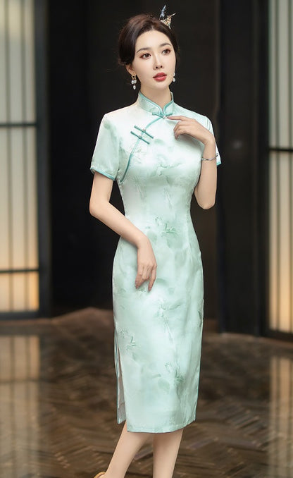 Mint Green Floral Qipao Dress