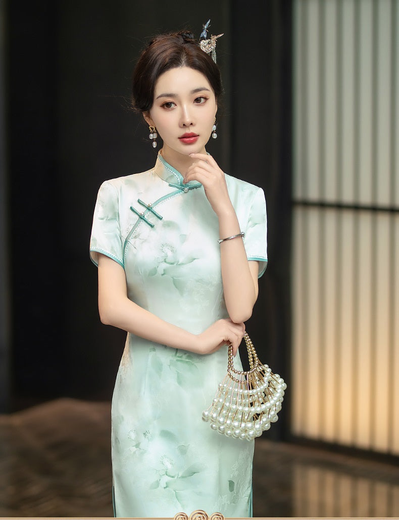 Mint Green Floral Qipao Dress