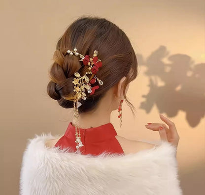 Épingle à cheveux en perles avec roses florales rouges et dorées