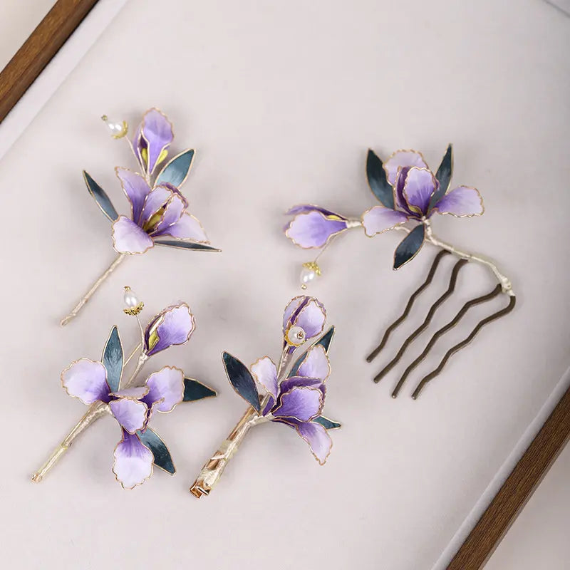 Set of  Handmade Chinese Velvet Flower Orchid Hairpin & Brooch  on a light background
