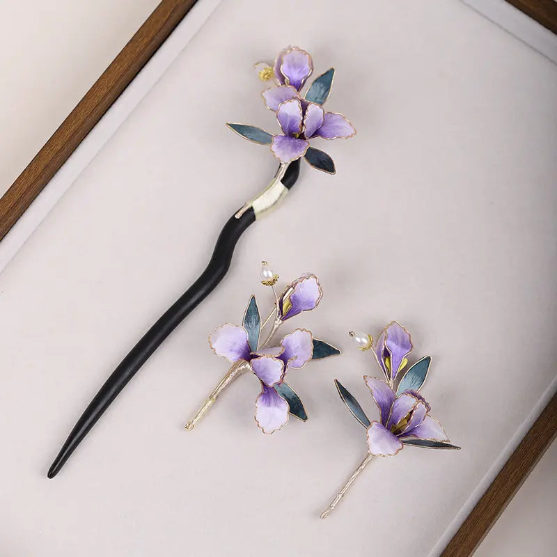 Handmade Chinese Velvet Flower Orchid Hairpin & Brooch  with purple floral design on a light gray background