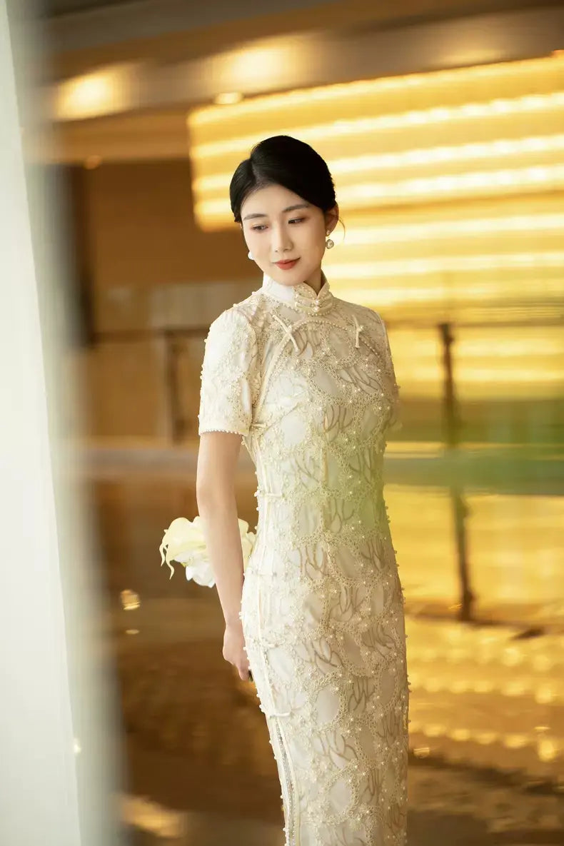White Lace Cheongsam Qipao Dress with pearls