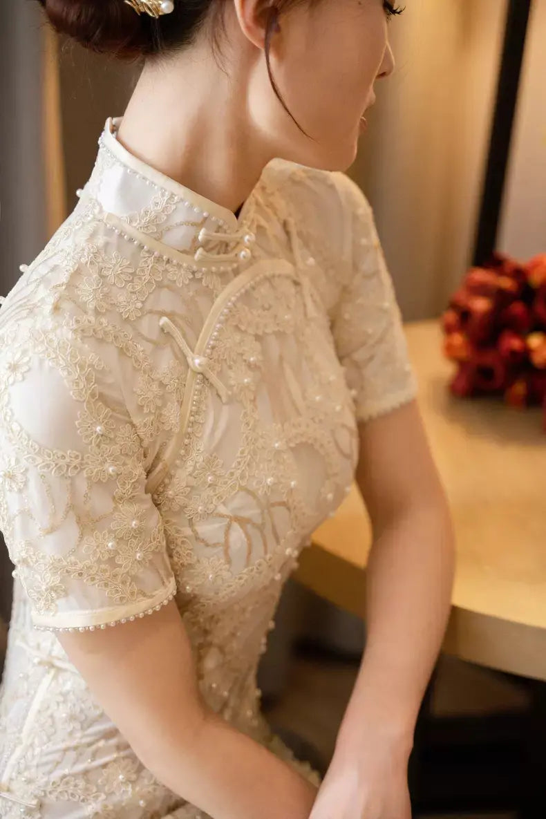 White Lace Cheongsam Qipao Dress with pearls